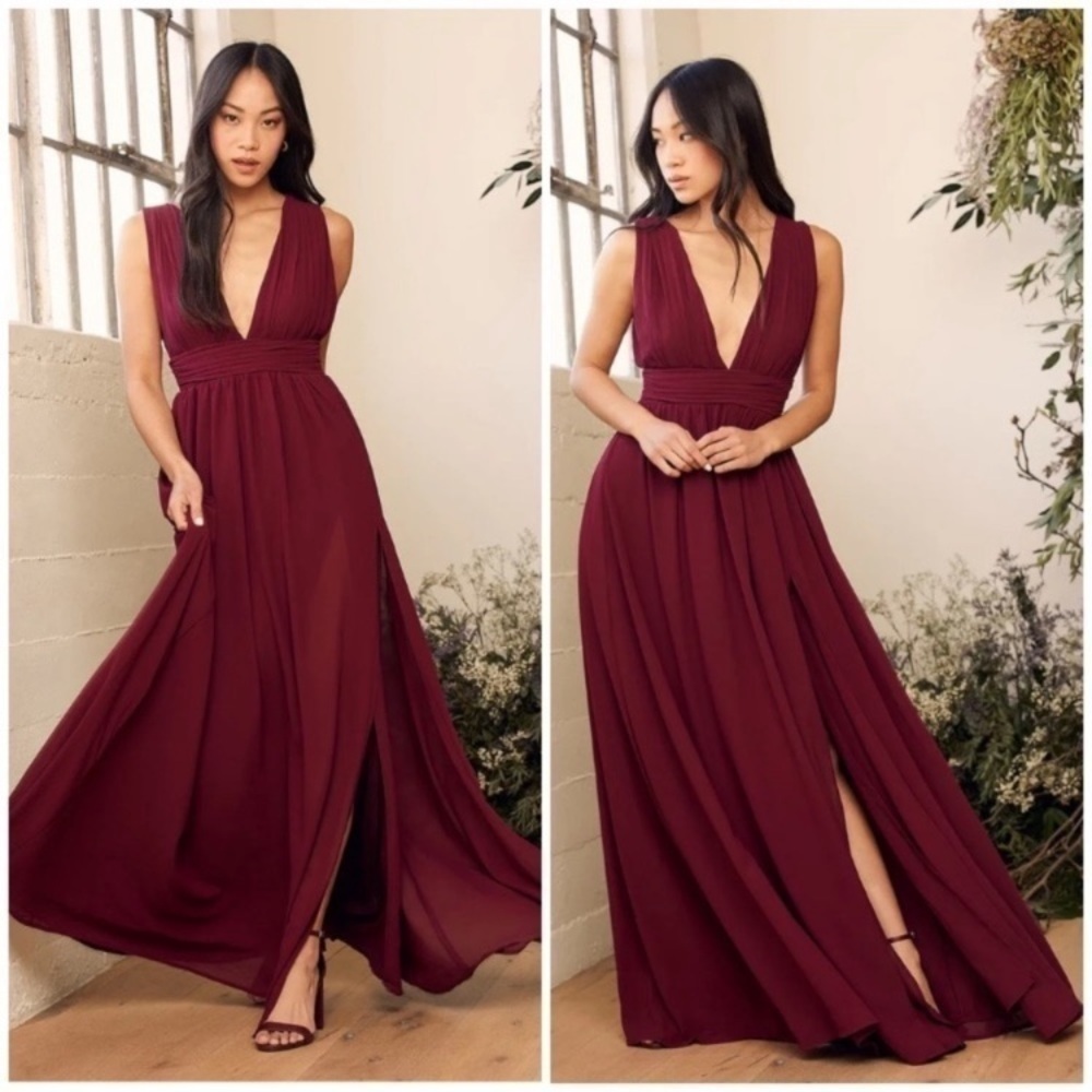 Lulu's Burgundy Maxi Dress with Deep V-Neck